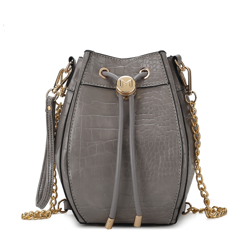Gray croc-embossed vegan leather hobo bucket bag with gold chain strap