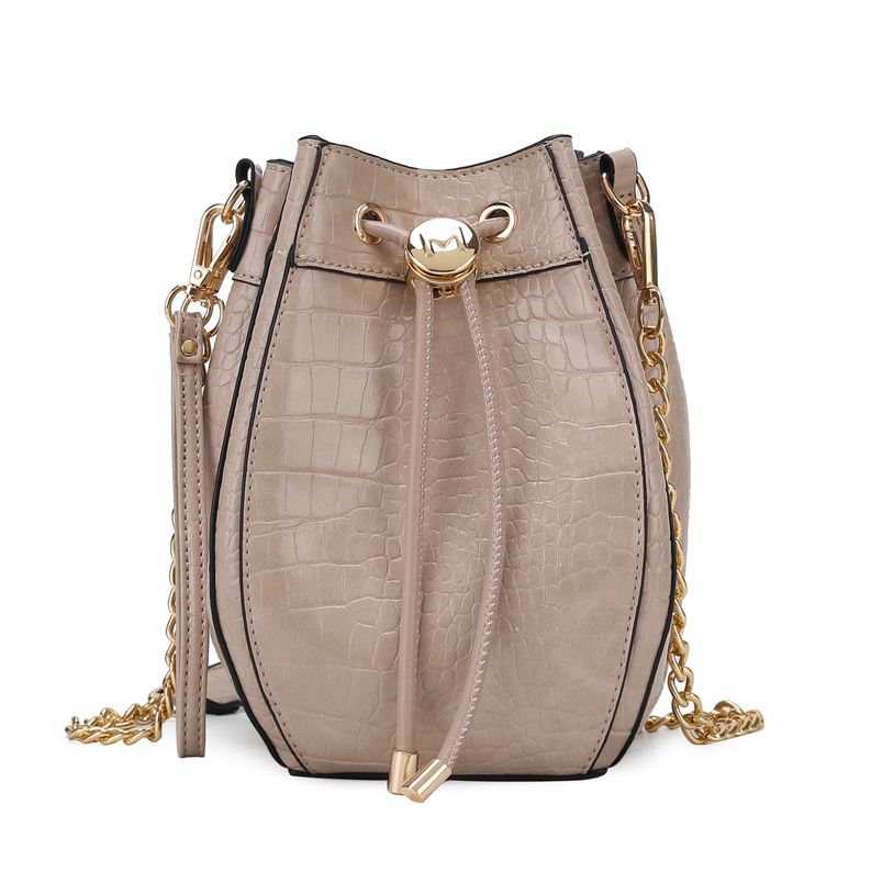 Crocodile-embossed vegan leather hobo bucket bag, light taupe with gold hardware, chain strap