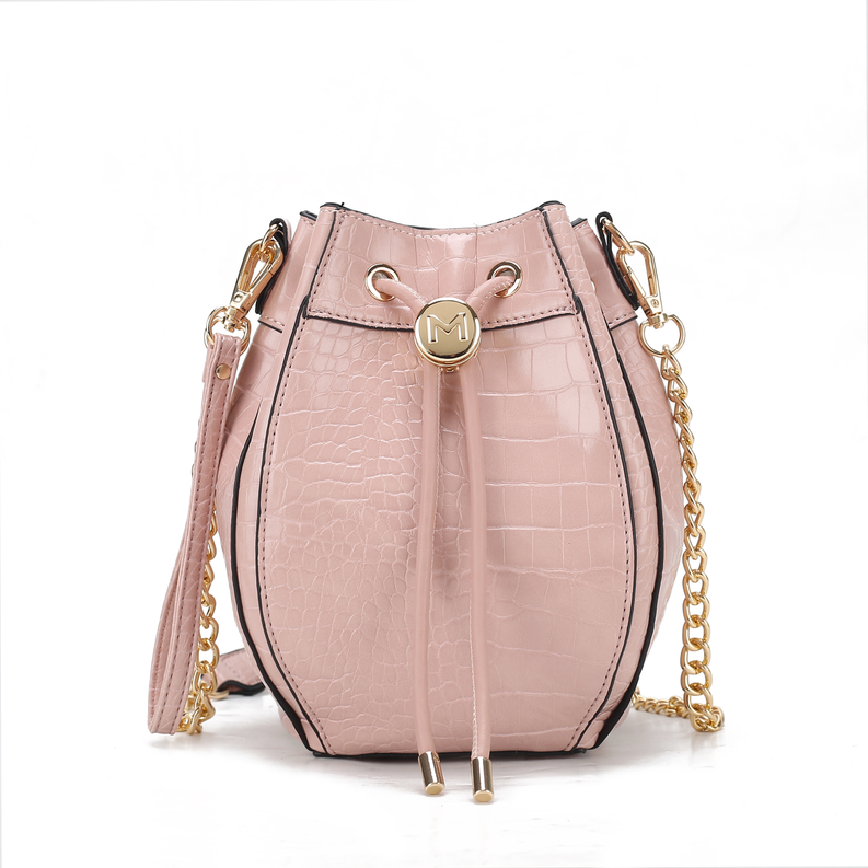 Pink crocodile-embossed vegan leather bucket bag with gold chain strap and drawstring top