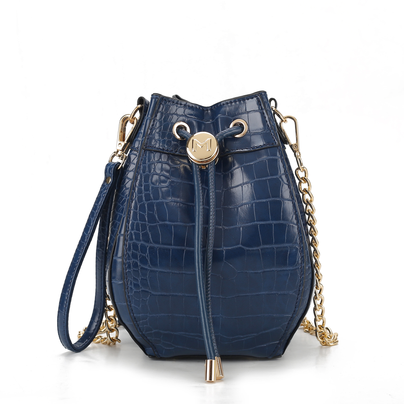 Navy crocodile-embossed vegan leather hobo bucket bag with drawstring, gold chain strap