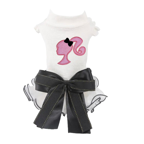 White dog dress with pink flamingo applique, black tulle ruffle skirt, large bow waist
