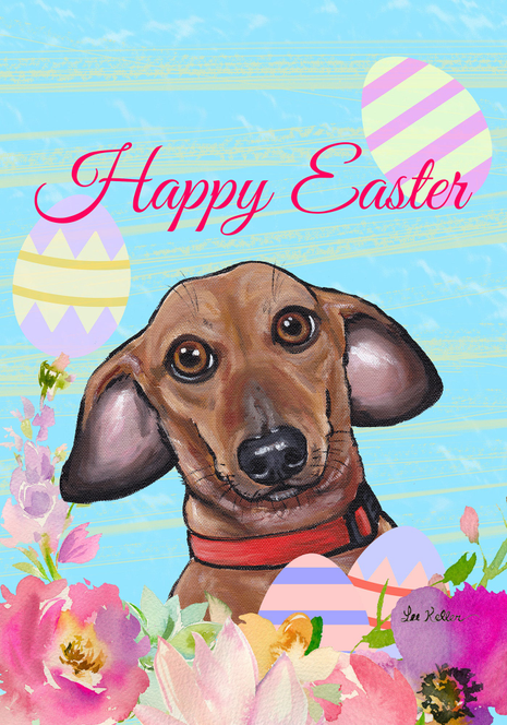 Easter house flag with smiling brown dachshund, eggs and flowers, text 'Happy Easter'.