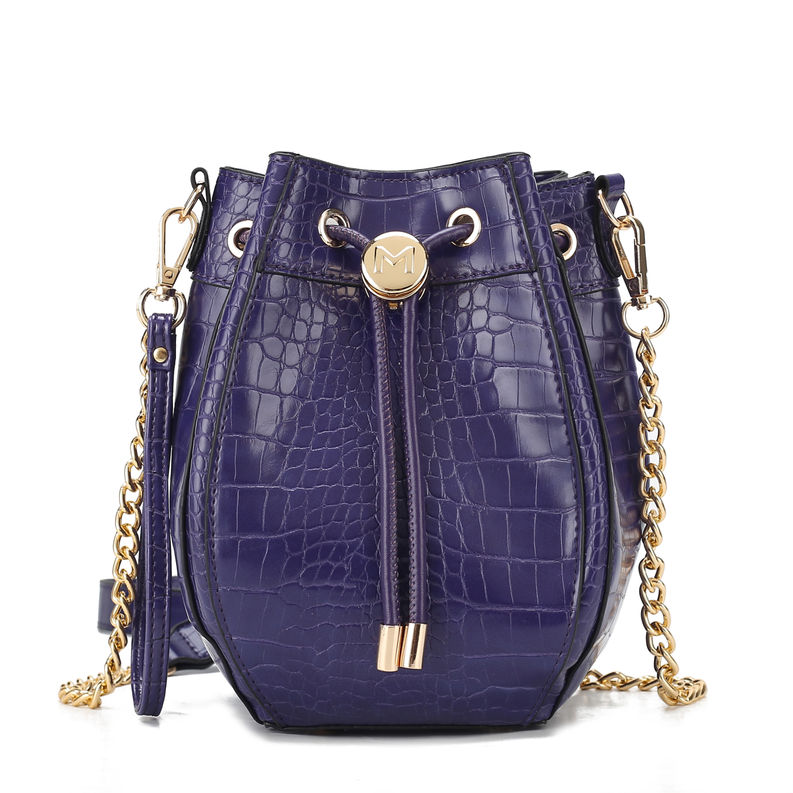 Dark purple crocodile-embossed vegan leather bucket hobo bag, drawstring and gold chain strap