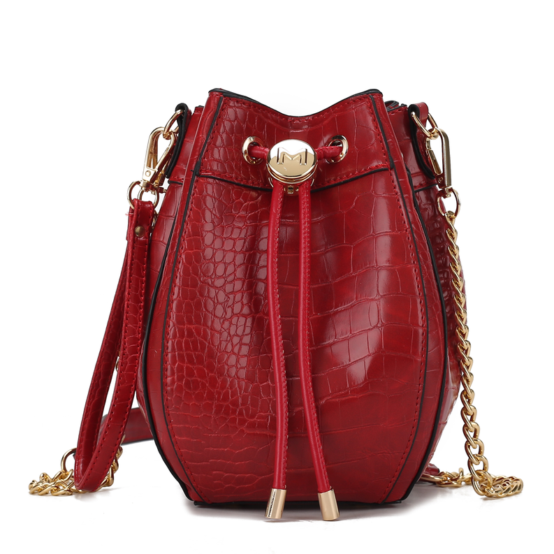 Red crocodile-embossed vegan leather hobo bucket bag with drawstring and gold chain straps