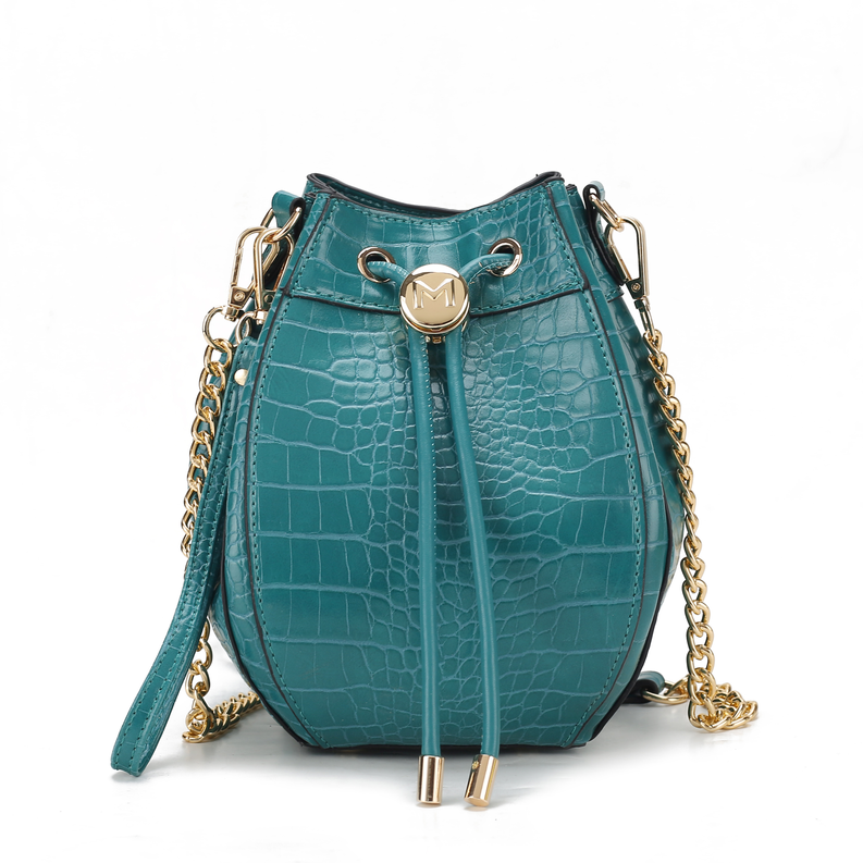 Teal crocodile-embossed vegan bucket hobo bag with drawstring and chain strap
