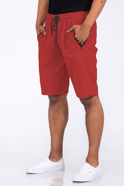 Red heathered cotton shorts with drawstring waist and side pockets