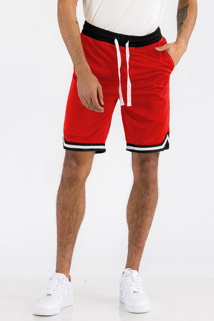 Red sport shorts with black waistband, white drawstring, and black-and-white trim