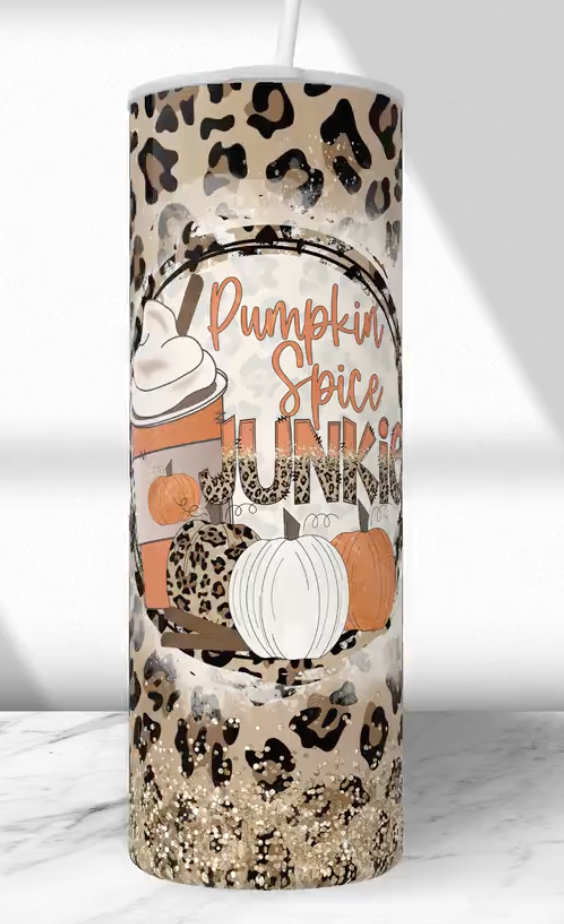 Leopard-print stainless steel tumbler with Pumpkin Spice, orange pumpkin graphic, white lid