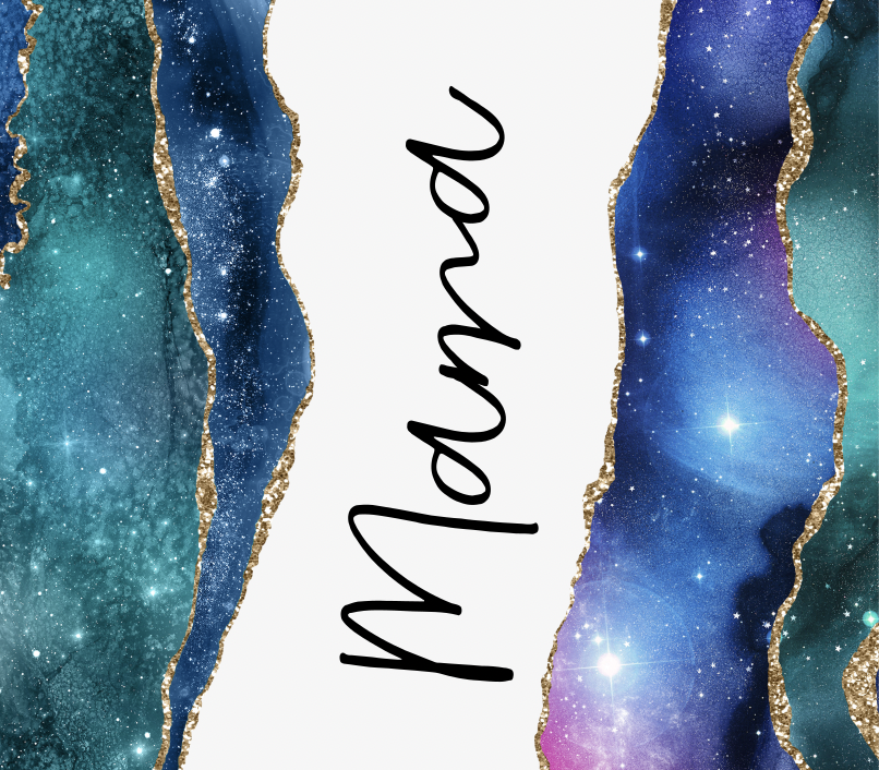 Stainless steel tumbler with galaxy gradient print, gold glitter border, and “Mama” script
