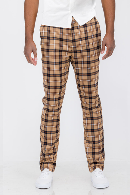 Plaid trouser pants in tan and navy, straight leg with front button closure
