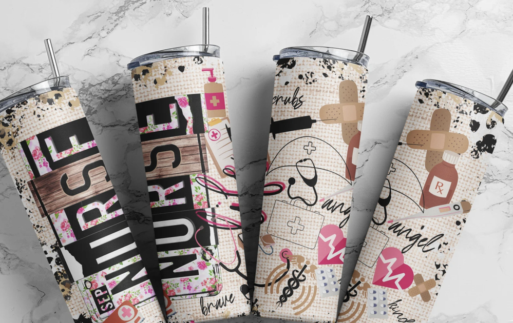 Stainless steel tumbler with colorful collage print, clear lid, and black straw