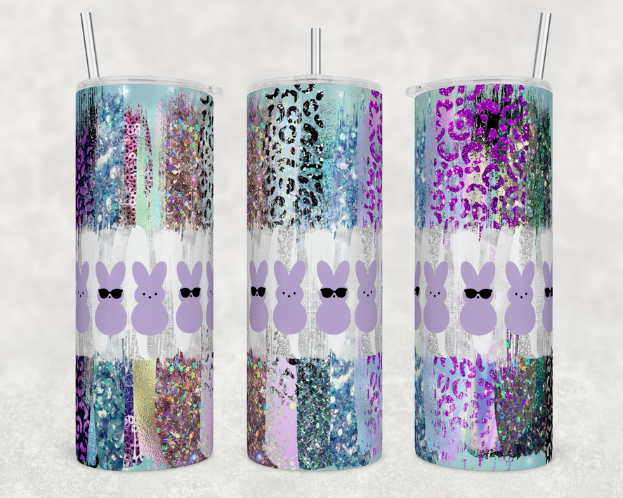 Stainless steel tumbler with purple glitter leopard print and bunny decals, straw