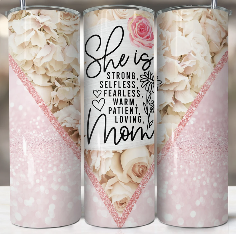 Stainless steel tumbler with pink rose and floral wrap, glitter dots, motivational quote design