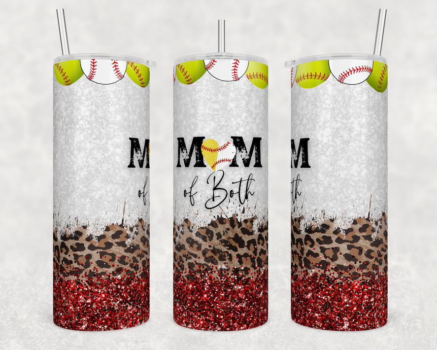 Stainless steel tumbler with baseball graphic and red glitter leopard-style bottom