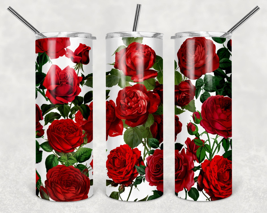 Stainless steel tumbler with red rose floral print and two clear straws
