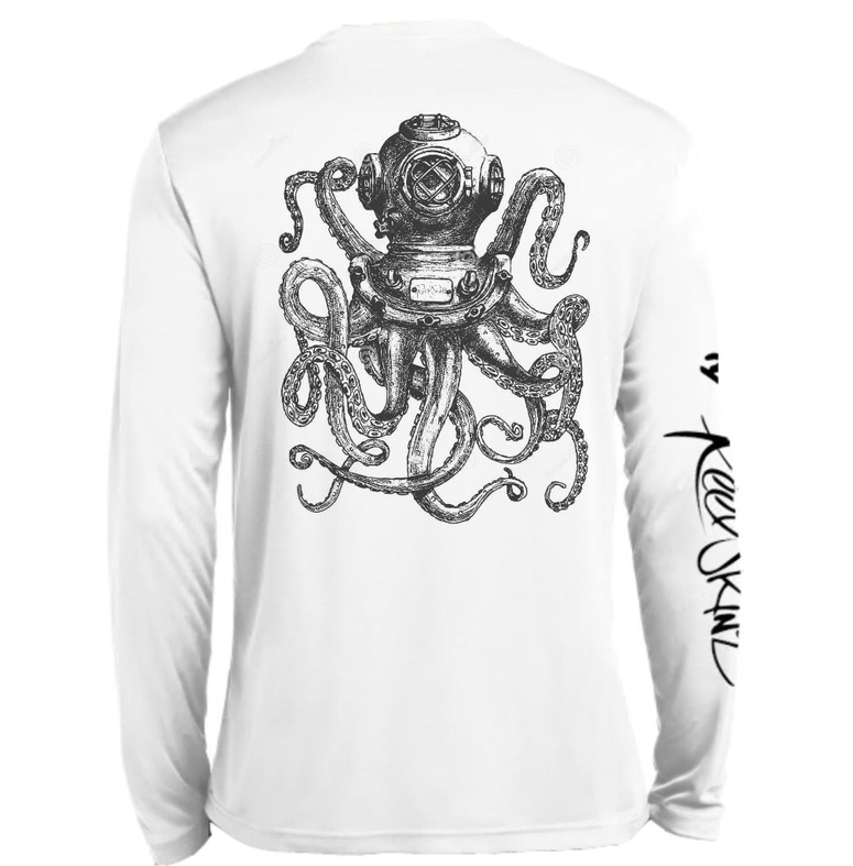 Youth long-sleeve shirt with dark octopus in helmet graphic on back