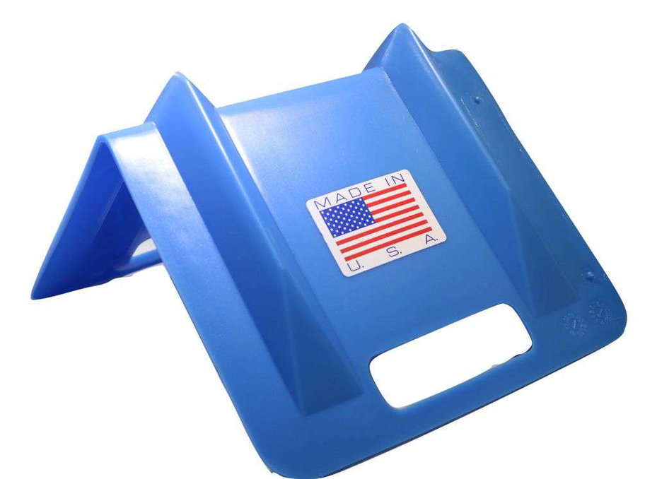 Blue plastic ratchet strap corner guard protector with cutout hand slot