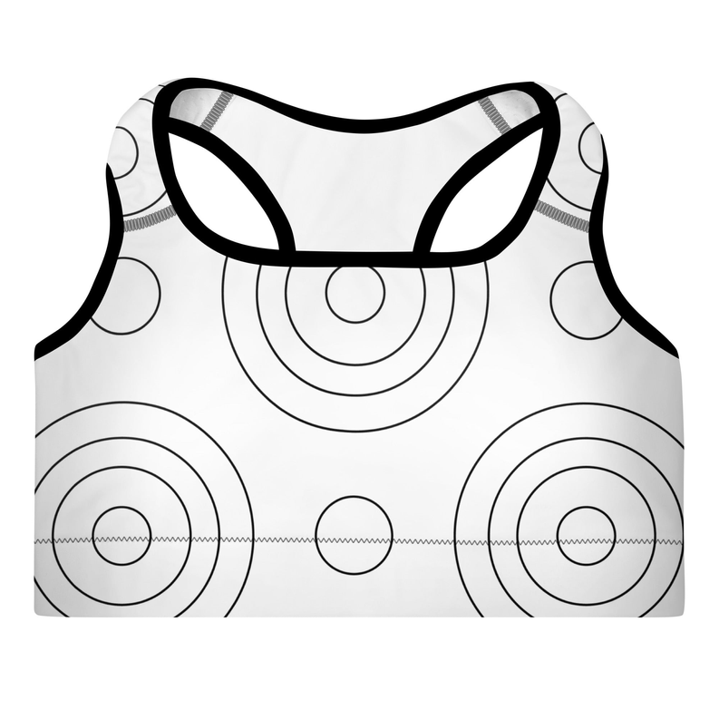 Black-and-white circle print padded sports bra, scoop neck, wide straps