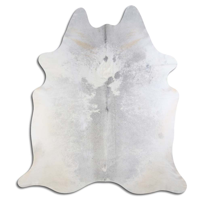 Grey and white cowhide rug with irregular hide pattern