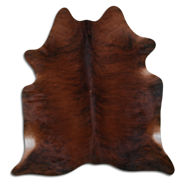 Natural cowhide rug with medium brindle mottled brown hair on hide