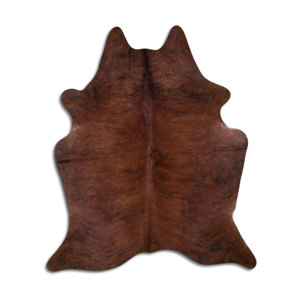 Hair-on cowhide rug in medium brindle, irregular dark brown patchwork