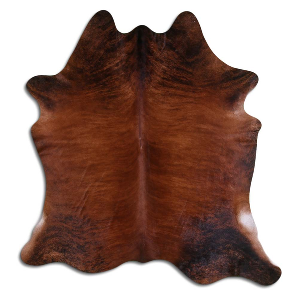 Medium brindle cowhide with natural hair, irregular brown hide patch