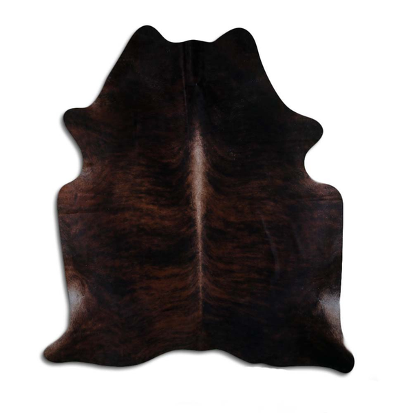Brindle cowhide rug, natural hair-on hide in dark brown and black, irregular shape