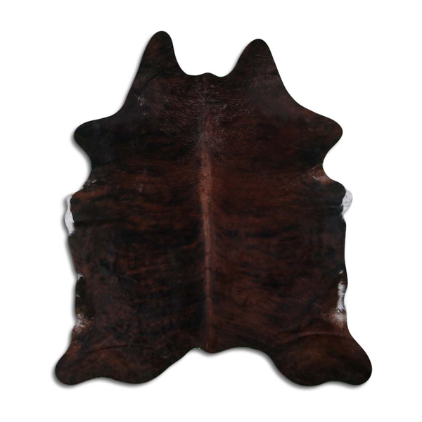 Natural hair on cowhide rug, medium brindle pattern with dark brown and black tones