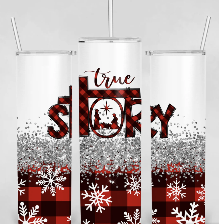 Stainless steel tumbler with clear lid, two straws, red plaid and snowflake graphic