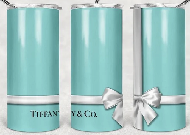 Teal stainless steel tumbler with silver bow and 'TIFFANY & Co.' logo