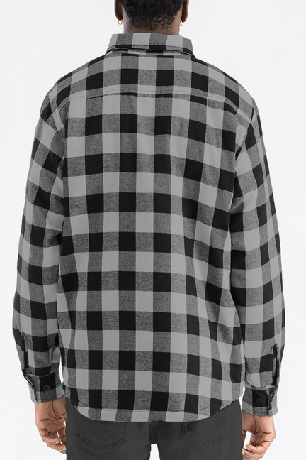 Men's quilted plaid flannel shirt, black and grey check, button-front, back view