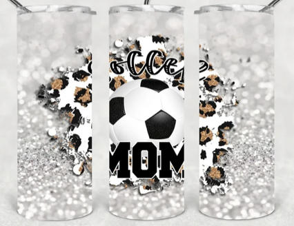 Stainless steel tumbler with soccer ball graphic, glitter finish.