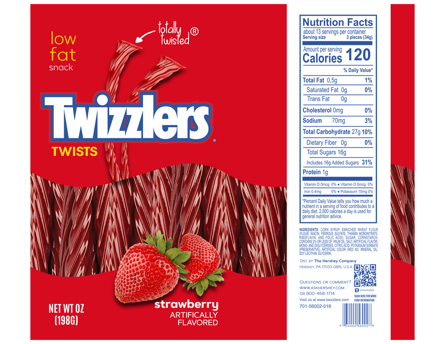 Twizzlers strawberry twists snack package with red illustrations and nutrition facts panel
