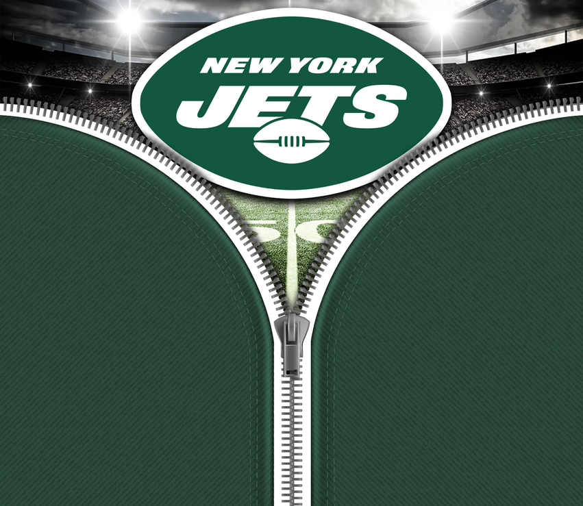 Green football-themed tumbler sleeve with New York Jets logo and zipper