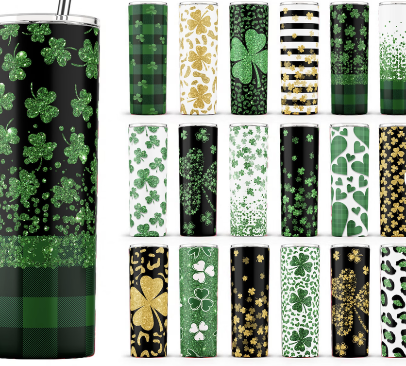 Stainless steel tumbler with green clover-pattern wrap and black background