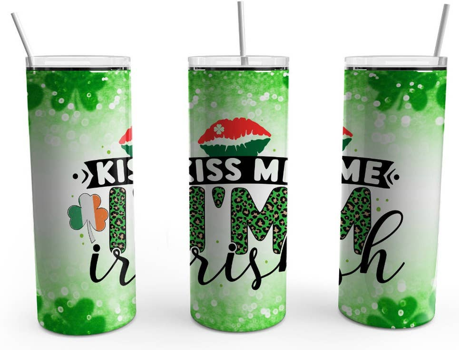 Stainless steel tumbler with green graphic print and clear lid with straw