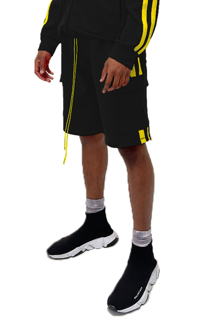 Black cargo shorts with two yellow side stripes and cargo pockets, above-knee length.