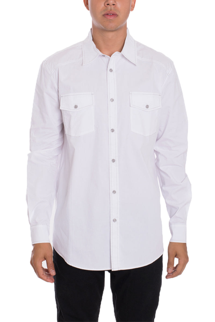 White long-sleeve button-up shirt with chest pockets