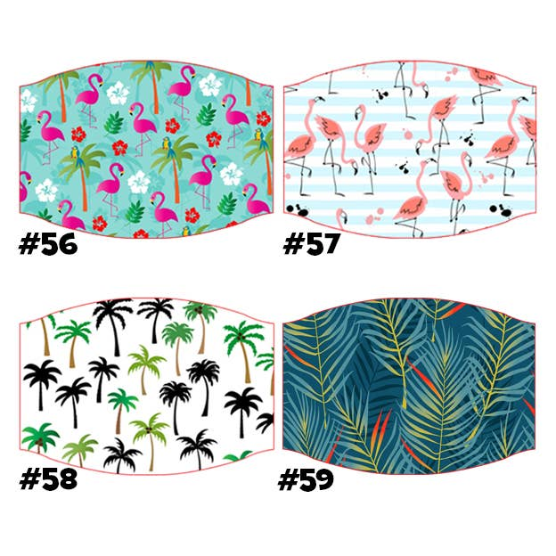 Reusable face masks with tropical flamingo and palm prints, assorted designs