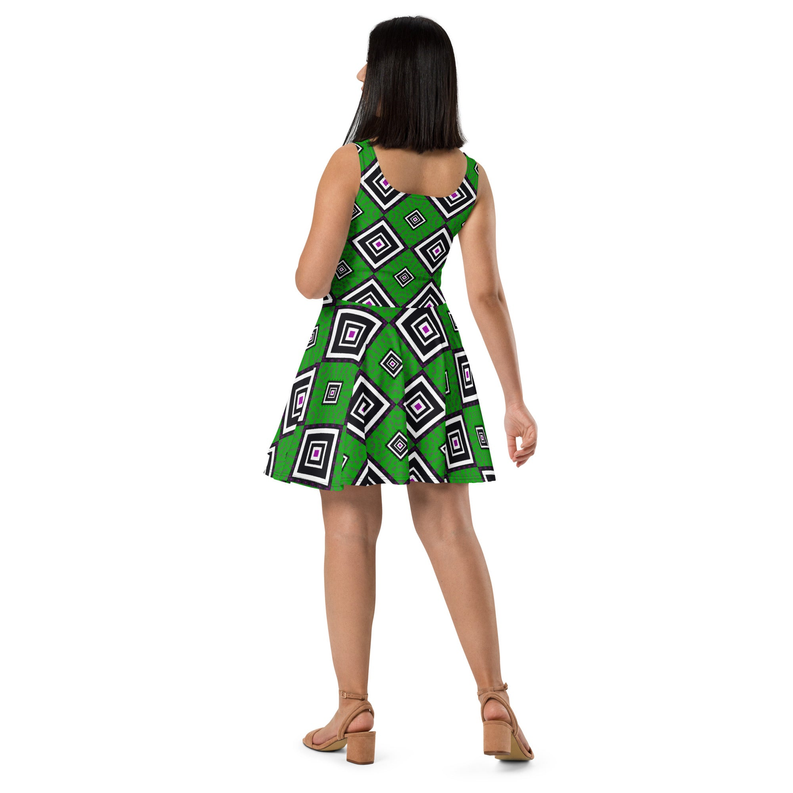 Green sleeveless skater dress from back view with geometric diamond pattern