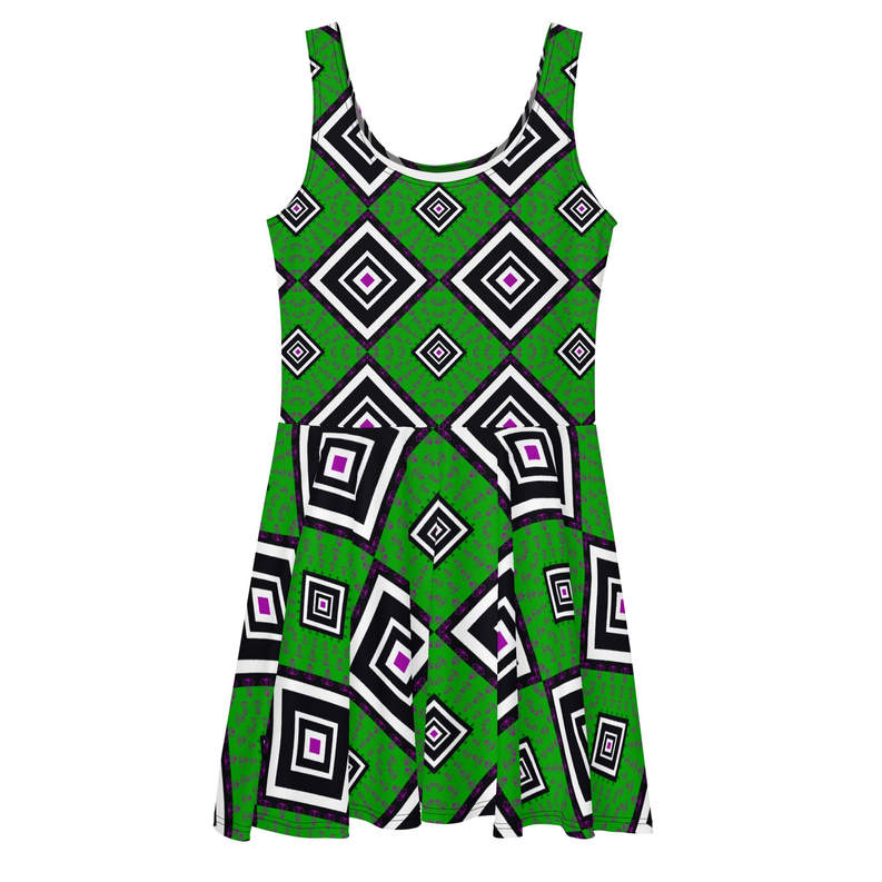 Green geometric skater dress front, sleeveless square neckline, diamond print