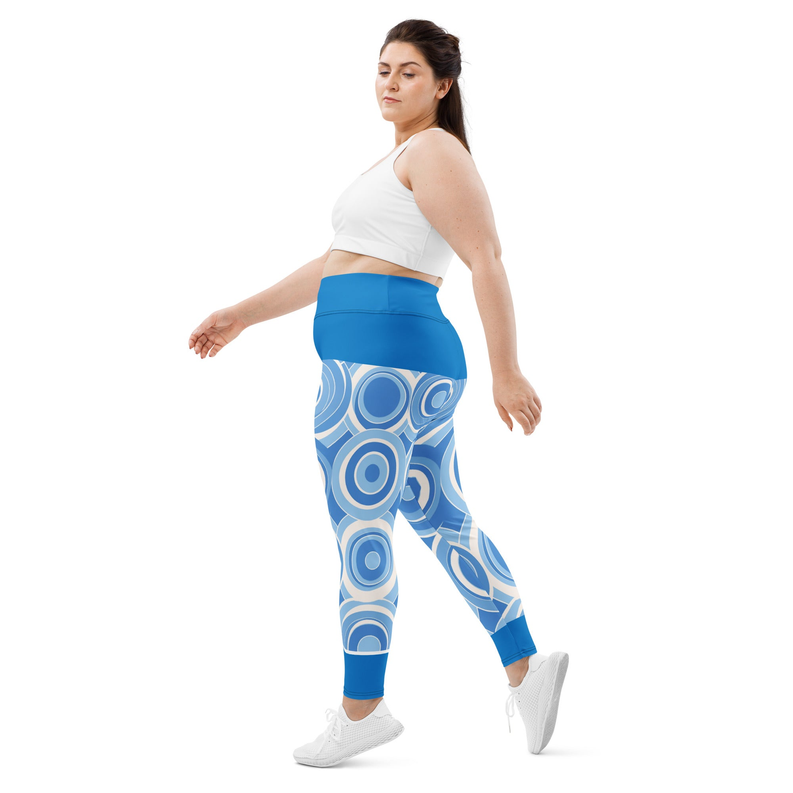 Blue circle print leggings with elastic waistband, ankle-length