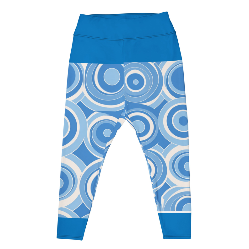 Blue circle print leggings, elastic waistband and tapered ankle-length legs