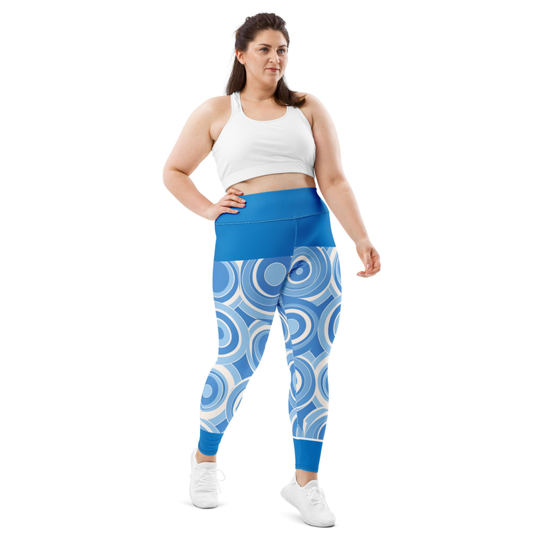 Blue circle print leggings with elastic waistband and full-length legs