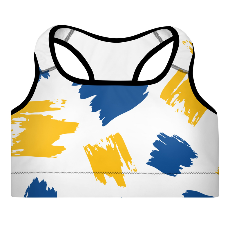 Padded sports bra front in white with blue and yellow splash print, black trim