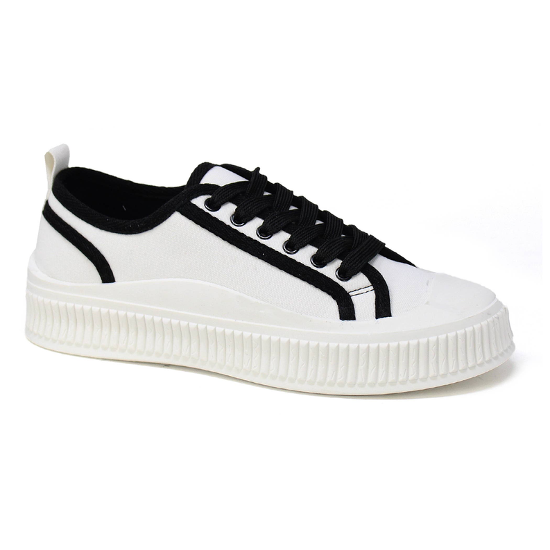 Women's lace-up sneakers with white leather upper and black side stripe, platform sole