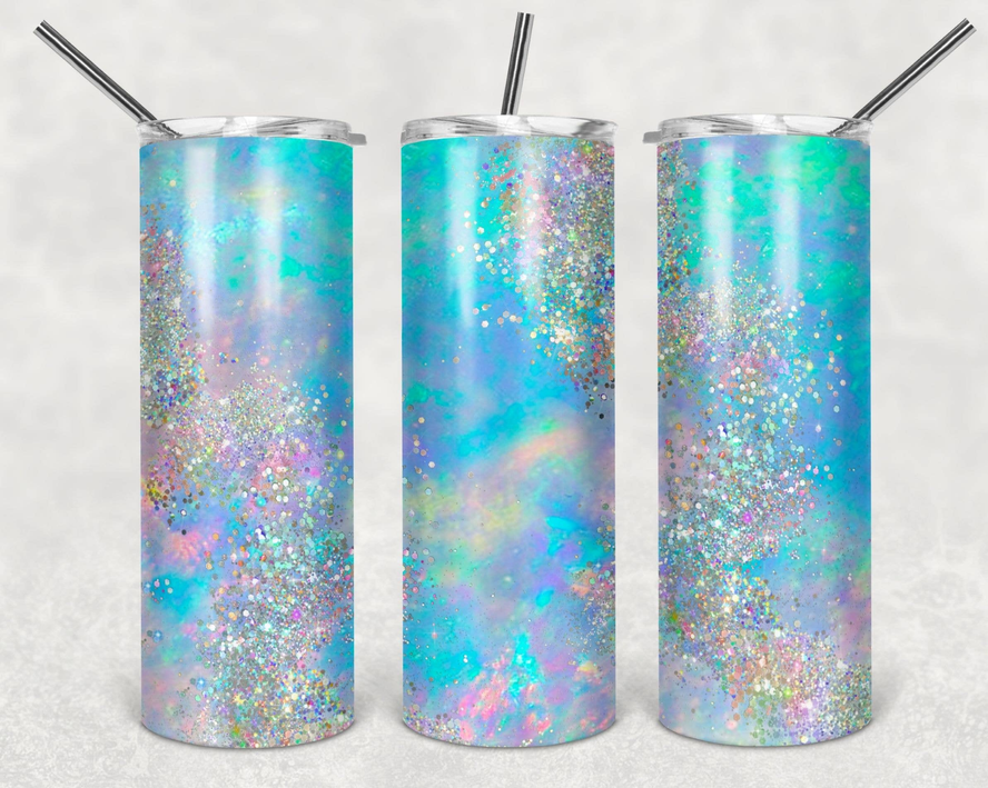 Iridescent glitter stainless steel tumbler set of 3 with clear straws