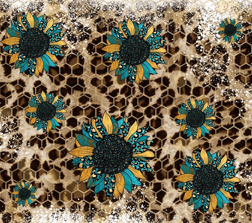 Stainless steel tumbler with teal and gold floral pattern