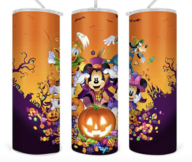 Stainless steel tumbler with Halloween character print, orange top, purple base