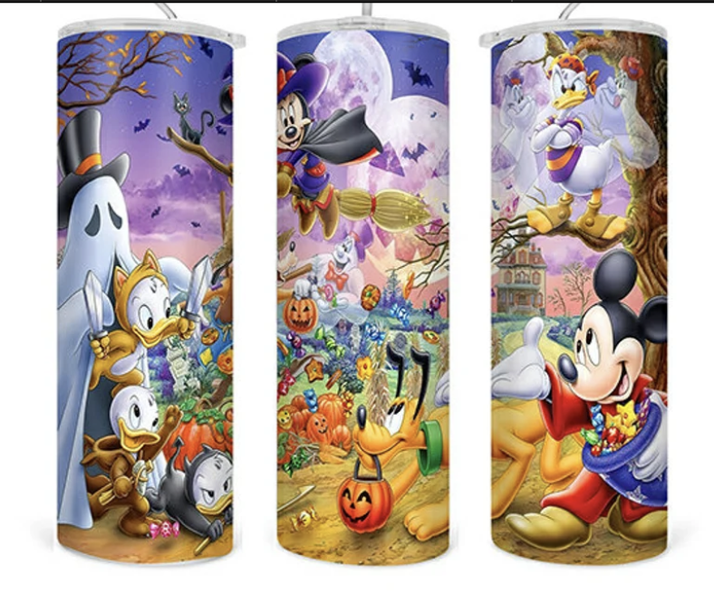 Stainless steel tumbler with colorful cartoon character artwork and full wrap print